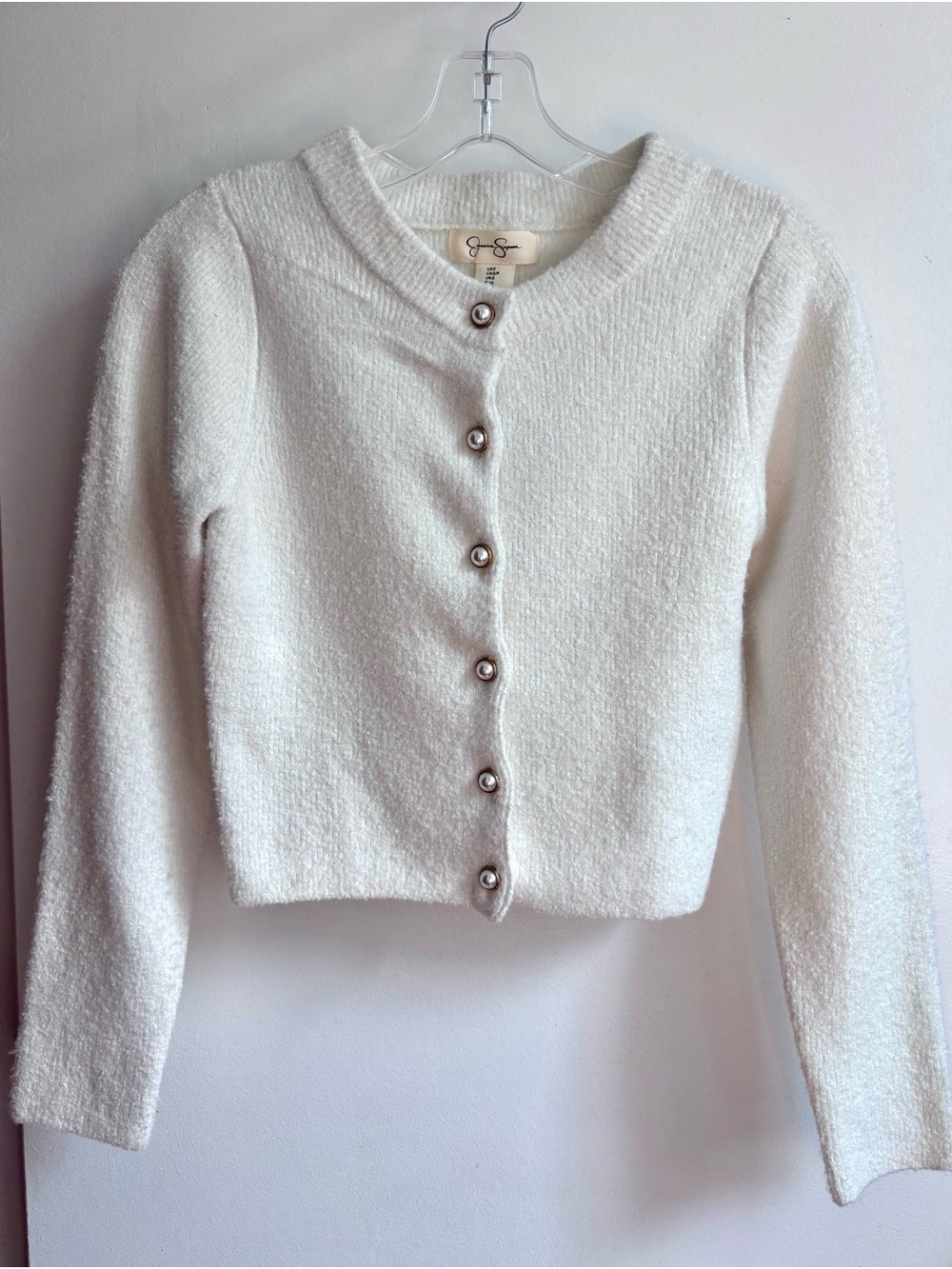 Jessica Simpson White Bouclé Pearl-Button Cardigan